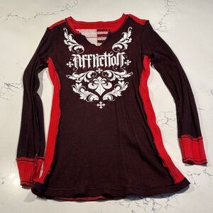 Affliction Women's Black & Red Long Sleeve Graphic Thermal Top